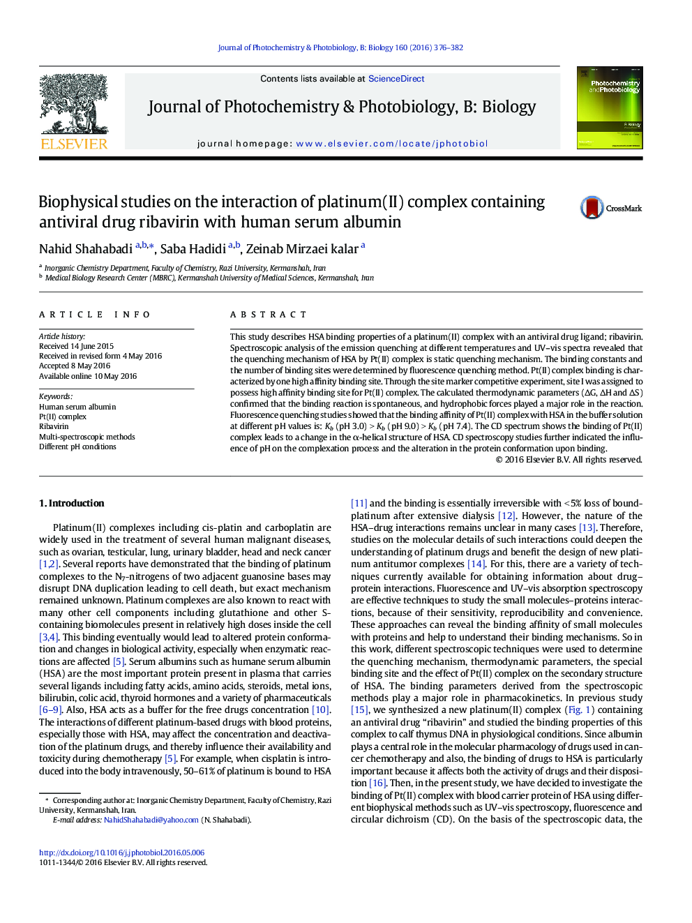 Biophysical studies on the interaction of platinum(II) complex containing antiviral drug ribavirin with human serum albumin