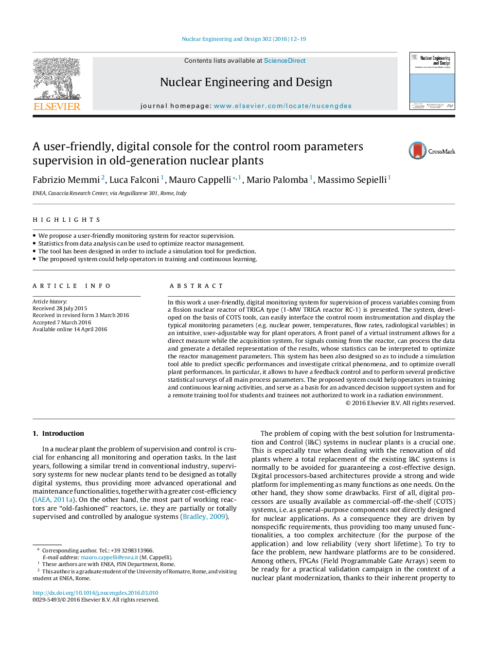 A user-friendly, digital console for the control room parameters supervision in old-generation nuclear plants