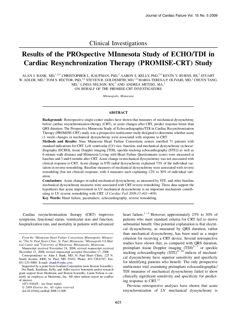 Results of the PROspective MInnesota Study of ECHO/TDI in Cardiac Resynchronization Therapy (PROMISE-CRT) Study 