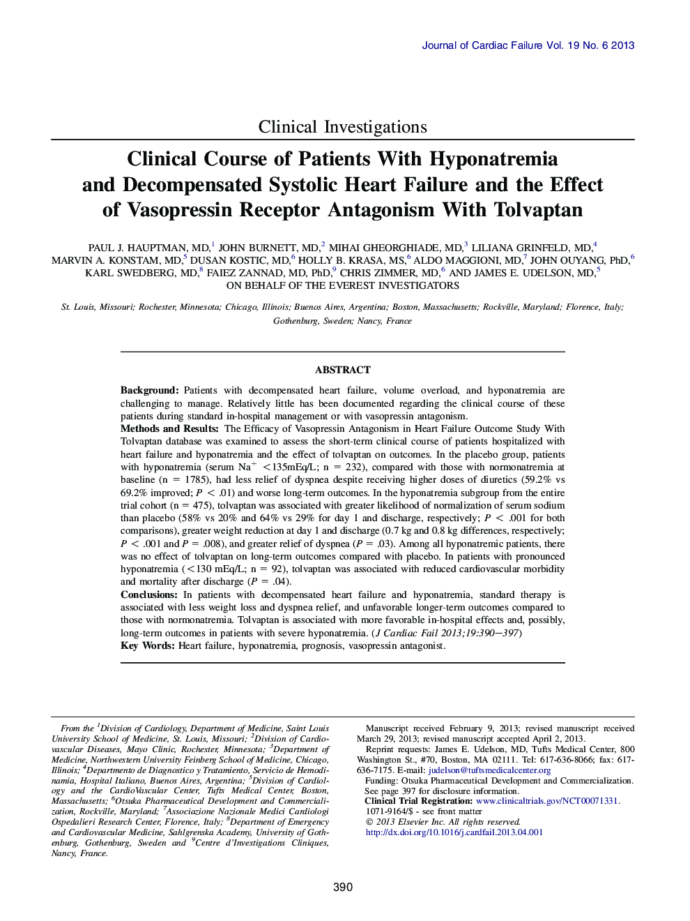 Clinical Course of Patients With Hyponatremia and Decompensated Systolic Heart Failure and the Effect of Vasopressin Receptor Antagonism With Tolvaptan 