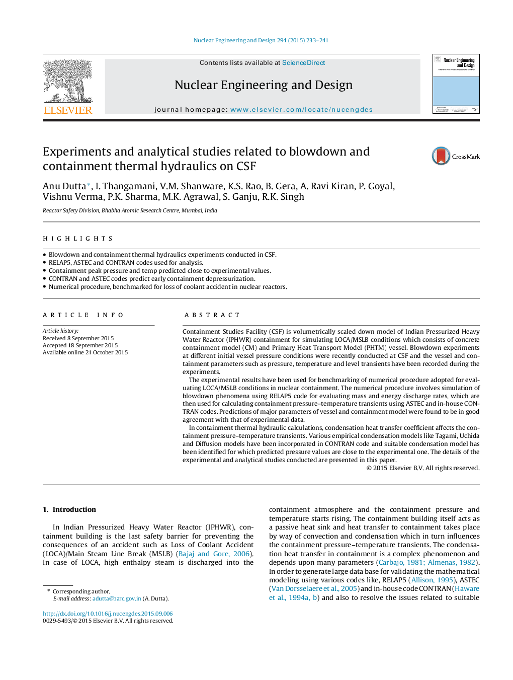 Experiments and analytical studies related to blowdown and containment thermal hydraulics on CSF