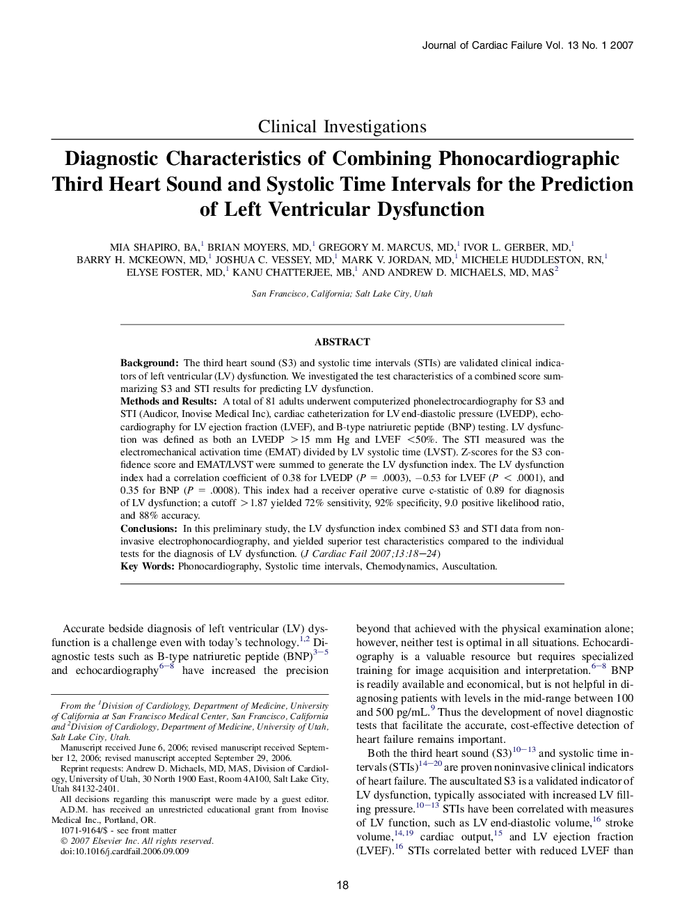 Diagnostic Characteristics of Combining Phonocardiographic Third Heart Sound and Systolic Time Intervals for the Prediction of Left Ventricular Dysfunction 