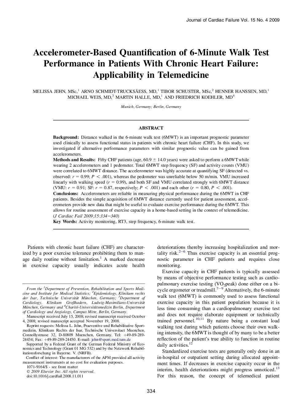 Accelerometer-Based Quantification of 6-Minute Walk Test Performance in Patients With Chronic Heart Failure: Applicability in Telemedicine 