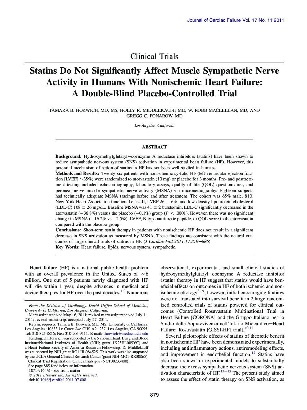 Statins Do Not Significantly Affect Muscle Sympathetic Nerve Activity in Humans With Nonischemic Heart Failure: A Double-Blind Placebo-Controlled Trial 