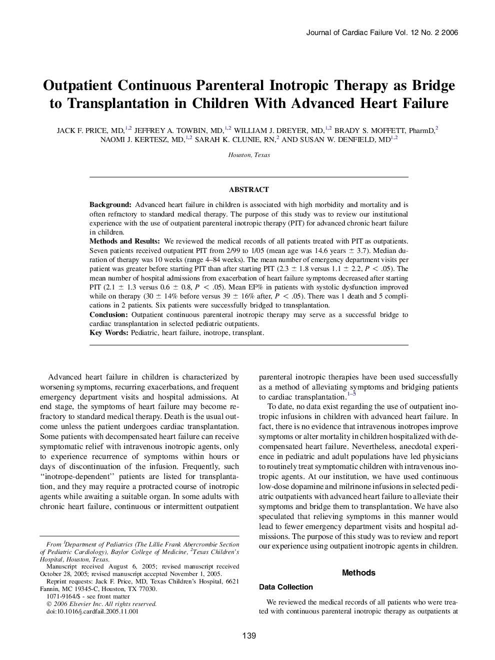 Outpatient Continuous Parenteral Inotropic Therapy as Bridge to Transplantation in Children With Advanced Heart Failure