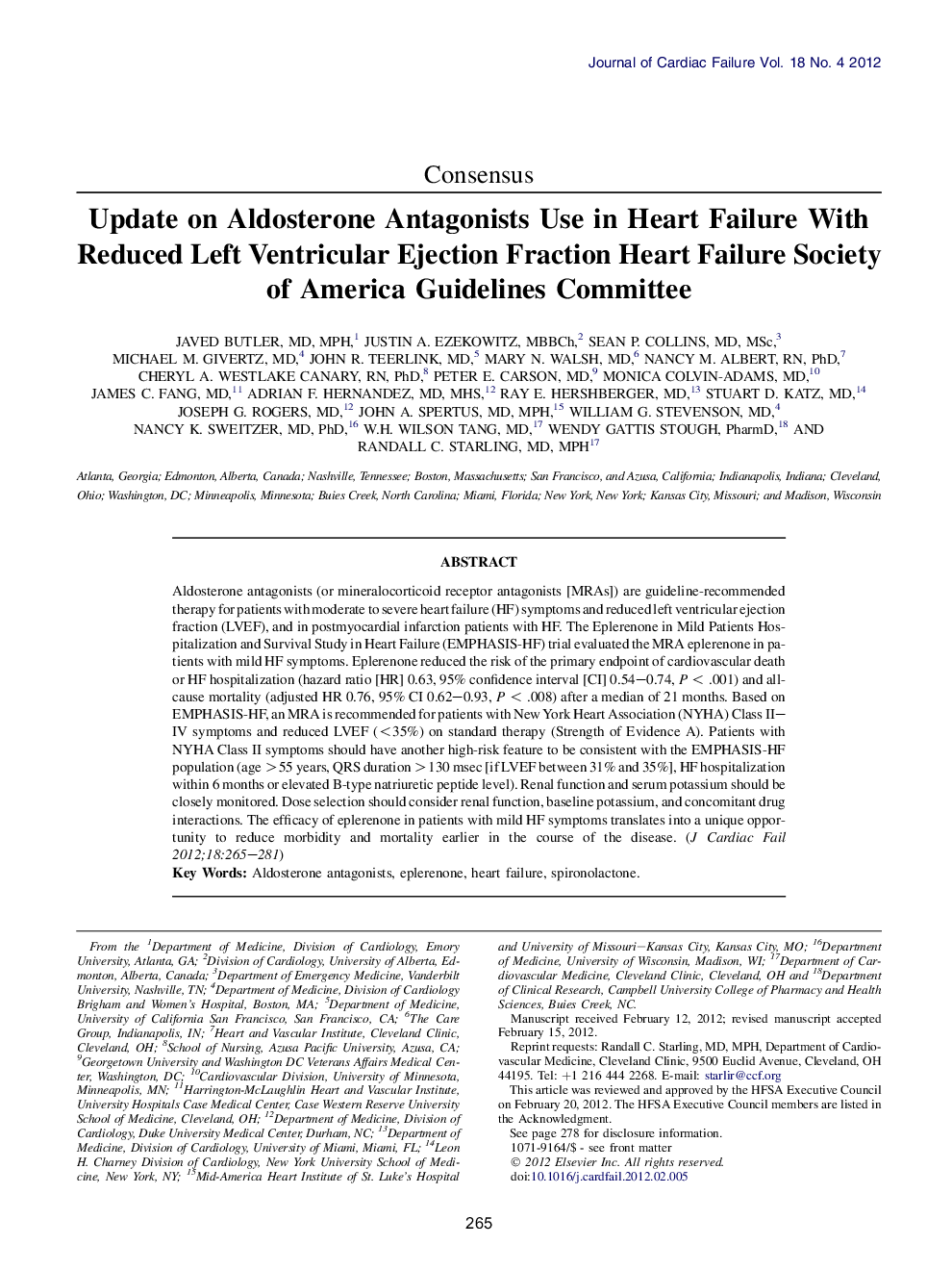 Update on Aldosterone Antagonists Use in Heart Failure With Reduced Left Ventricular Ejection Fraction Heart Failure Society of America Guidelines Committee 