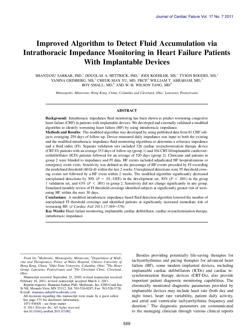 Improved Algorithm to Detect Fluid Accumulation via Intrathoracic Impedance Monitoring in Heart Failure Patients With Implantable Devices 