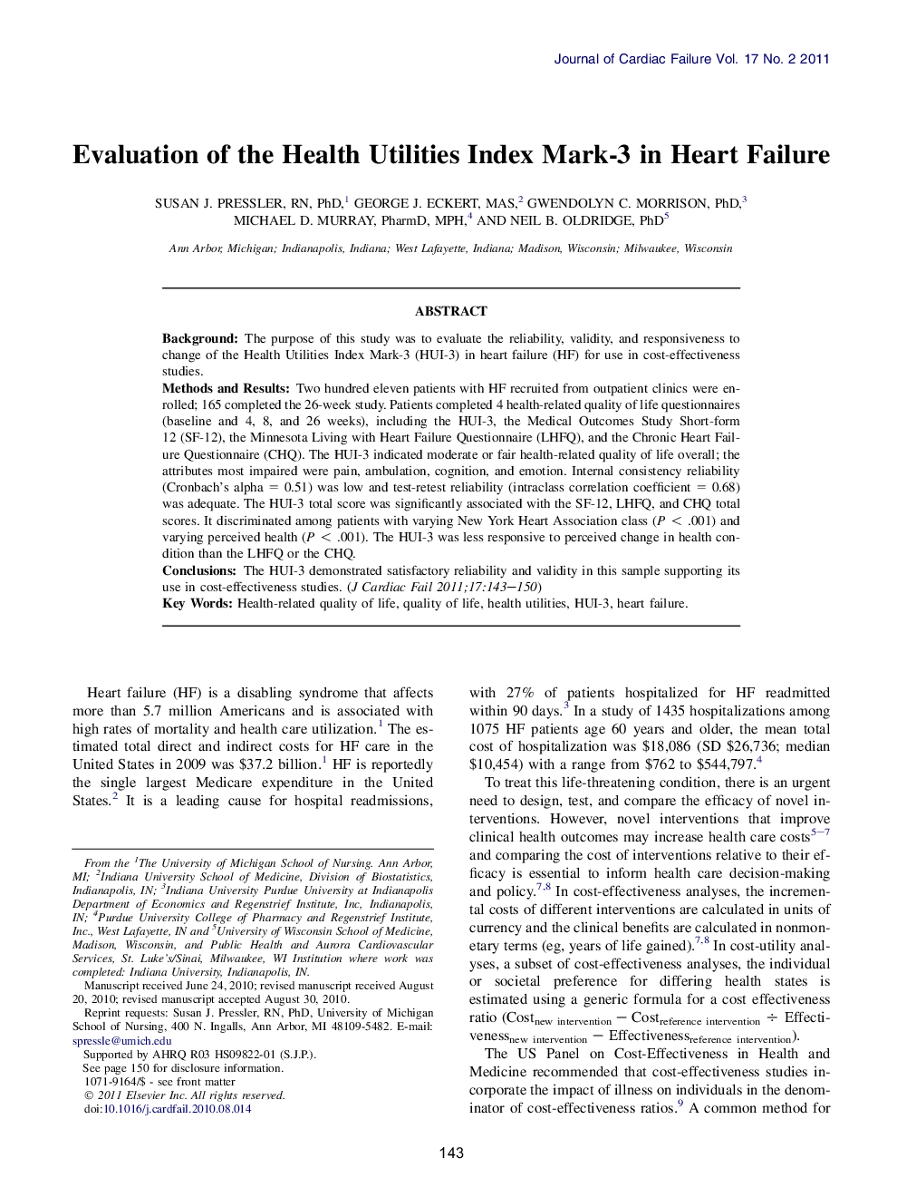 Evaluation of the Health Utilities Index Mark-3 in Heart Failure 