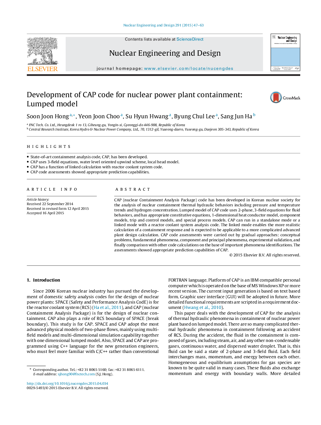 Development of CAP code for nuclear power plant containment: Lumped model