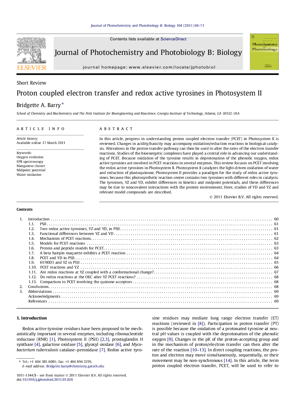 Proton coupled electron transfer and redox active tyrosines in Photosystem II