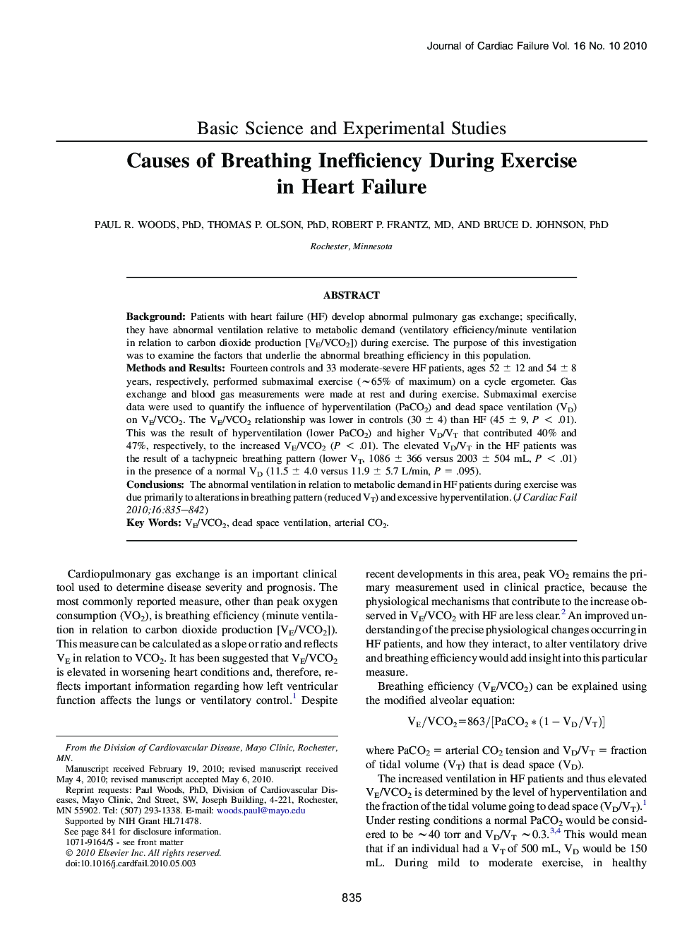 Causes of Breathing Inefficiency During Exercise in Heart Failure 