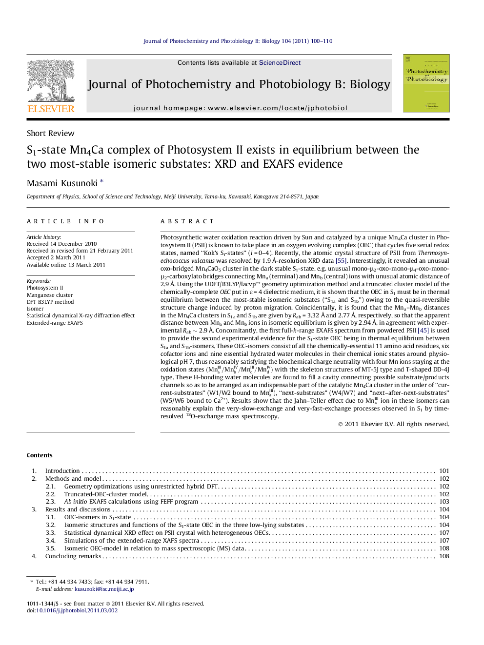 S1-state Mn4Ca complex of Photosystem II exists in equilibrium between the two most-stable isomeric substates: XRD and EXAFS evidence