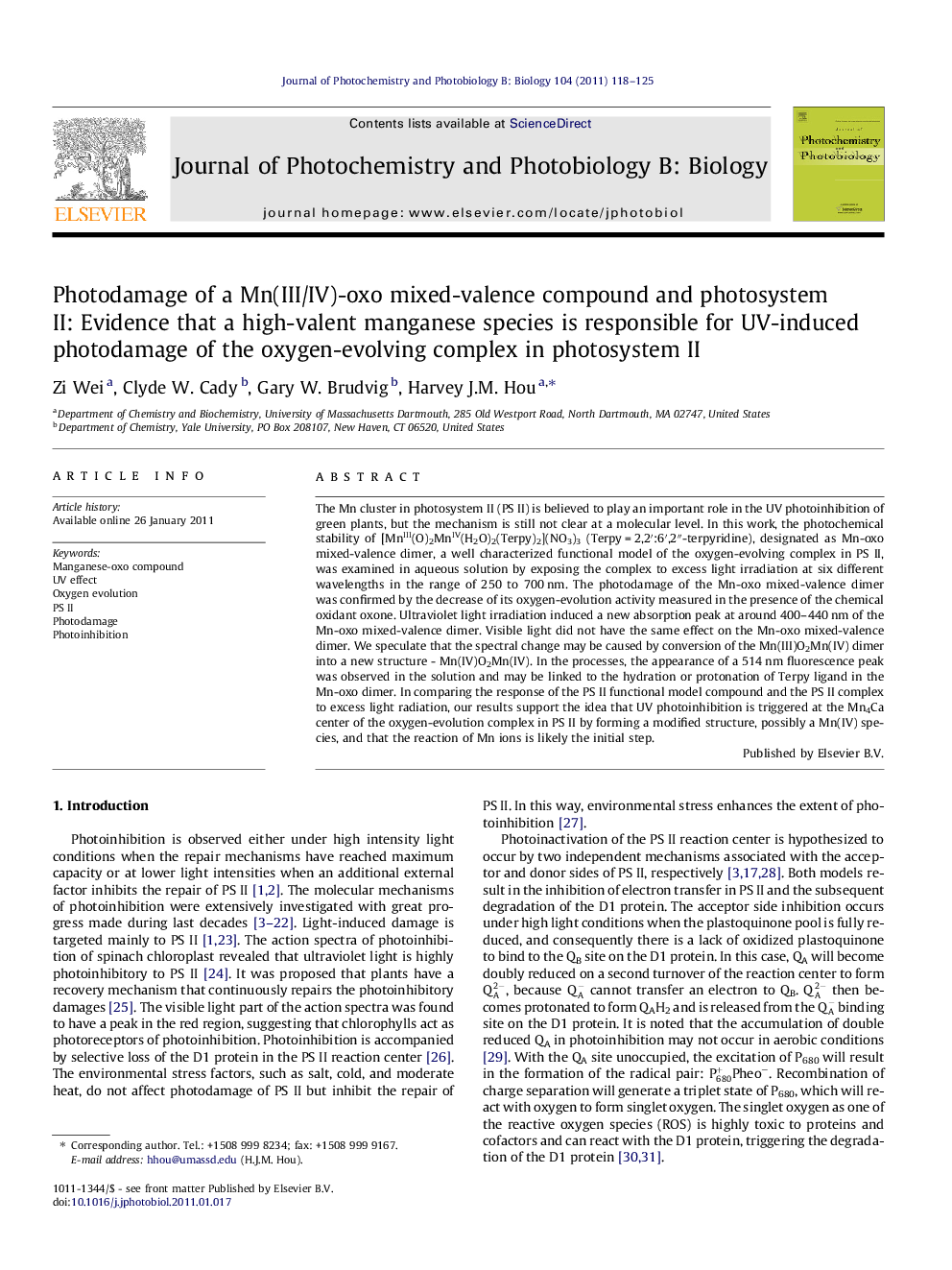 Photodamage of a Mn(III/IV)-oxo mixed-valence compound and photosystem II: Evidence that a high-valent manganese species is responsible for UV-induced photodamage of the oxygen-evolving complex in photosystem II