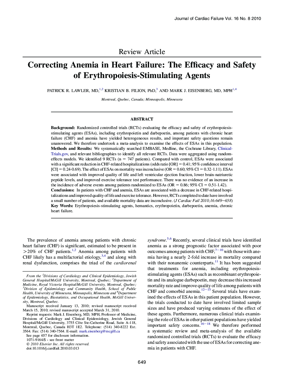 Correcting Anemia in Heart Failure: The Efficacy and Safety of Erythropoiesis-Stimulating Agents 