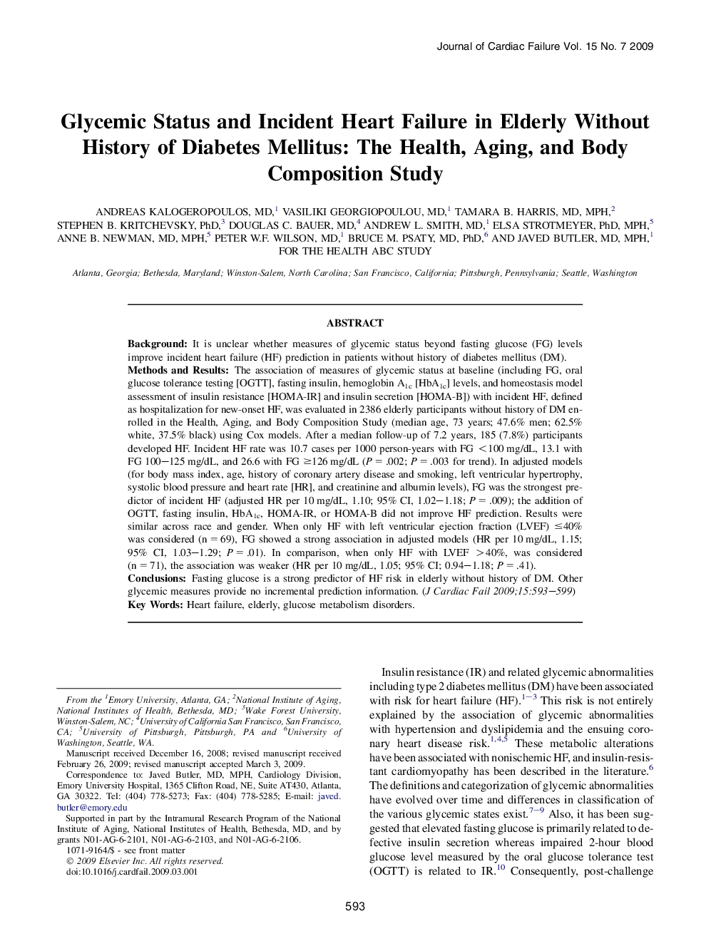 Glycemic Status and Incident Heart Failure in Elderly Without History of Diabetes Mellitus: The Health, Aging, and Body Composition Study 