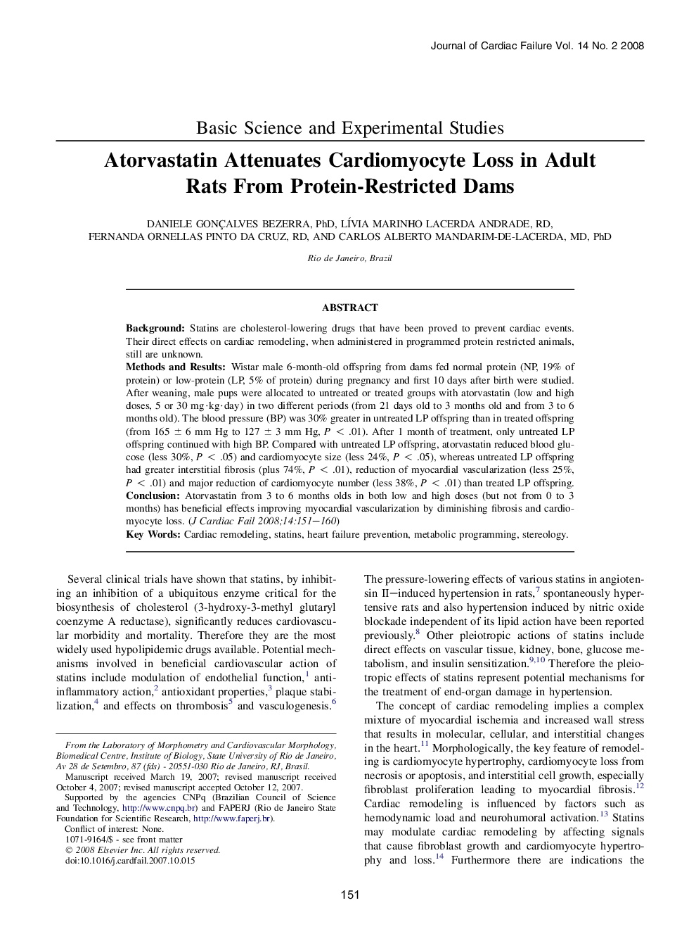 Atorvastatin Attenuates Cardiomyocyte Loss in Adult Rats From Protein-Restricted Dams 