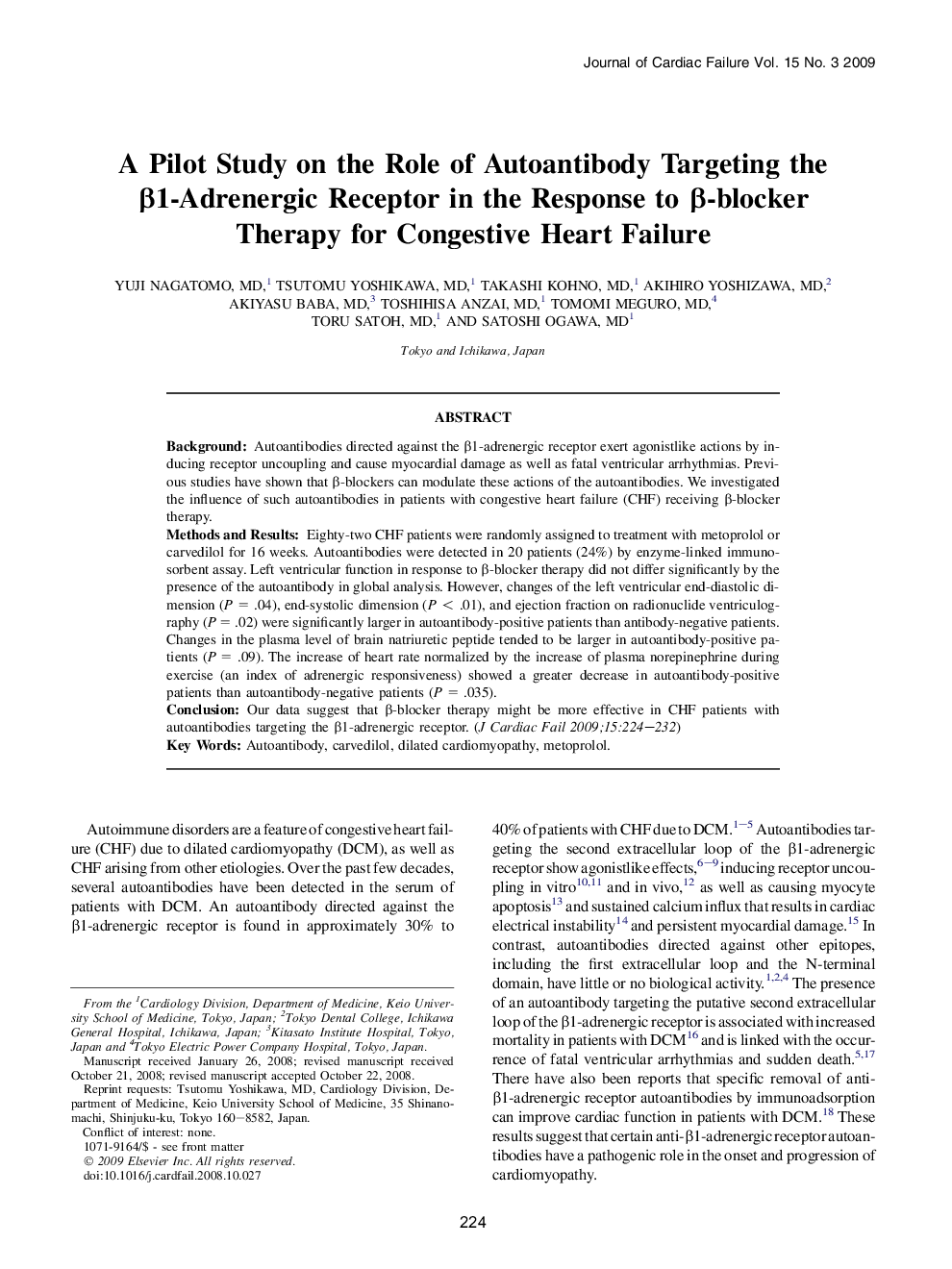 A Pilot Study on the Role of Autoantibody Targeting the β1-Adrenergic Receptor in the Response to β-blocker Therapy for Congestive Heart Failure 