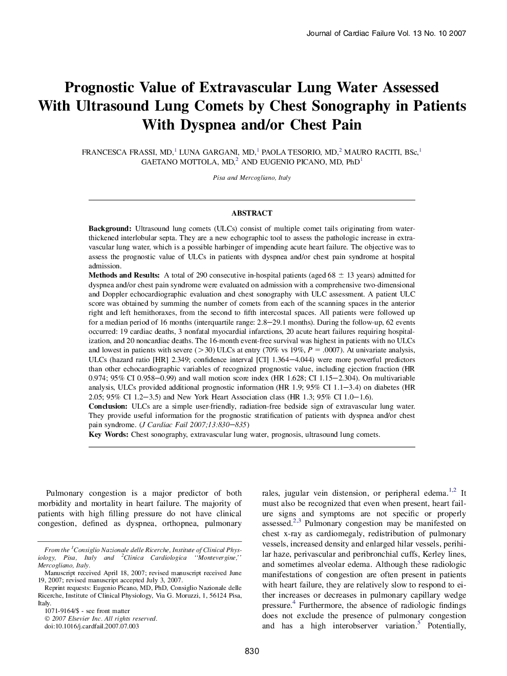 Prognostic Value of Extravascular Lung Water Assessed With Ultrasound Lung Comets by Chest Sonography in Patients With Dyspnea and/or Chest Pain