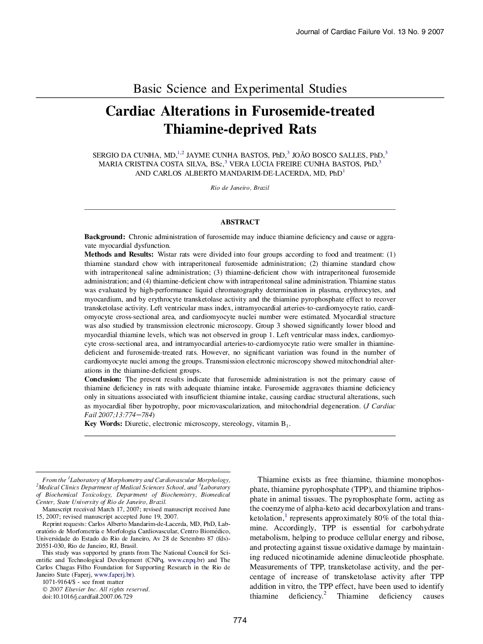 Cardiac Alterations in Furosemide-treated Thiamine-deprived Rats 