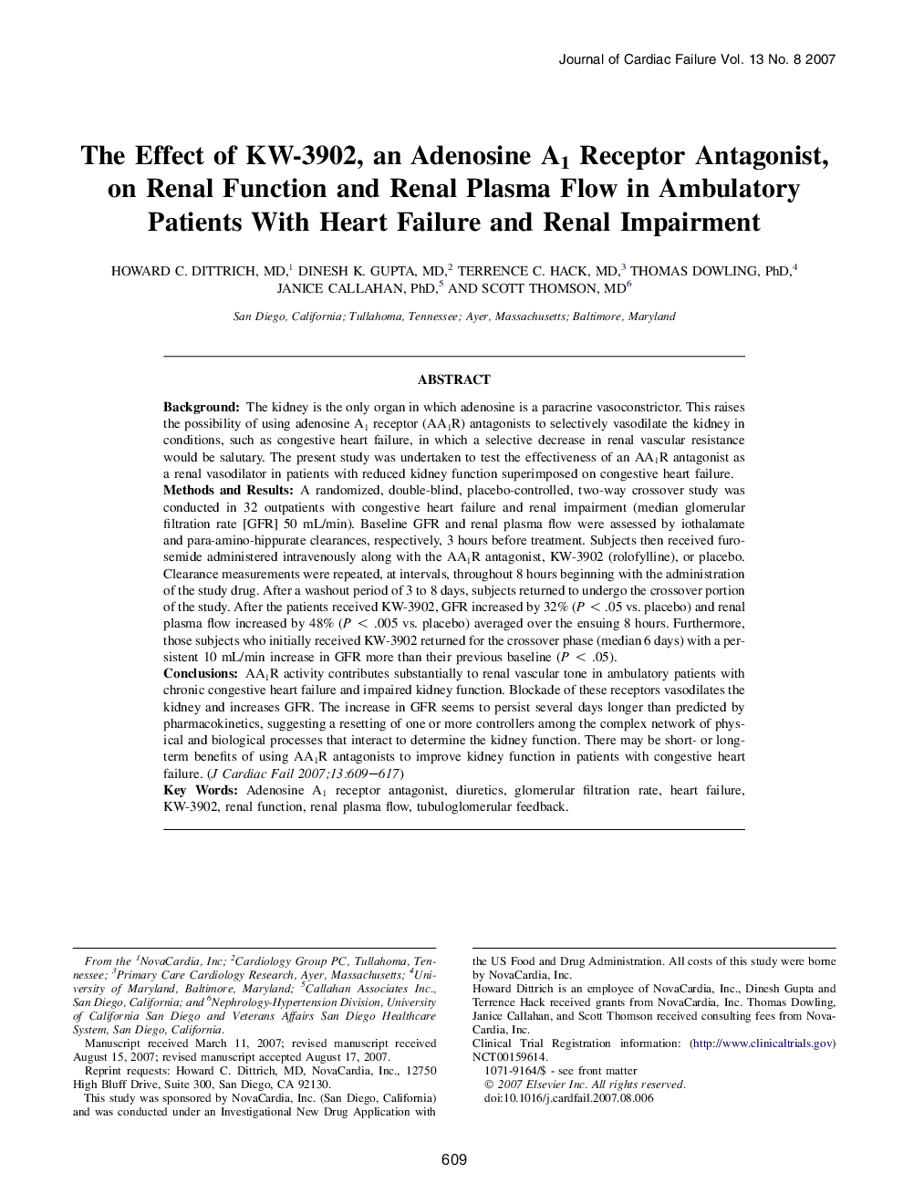 The Effect of KW-3902, an Adenosine A1 Receptor Antagonist, on Renal Function and Renal Plasma Flow in Ambulatory Patients With Heart Failure and Renal Impairment 