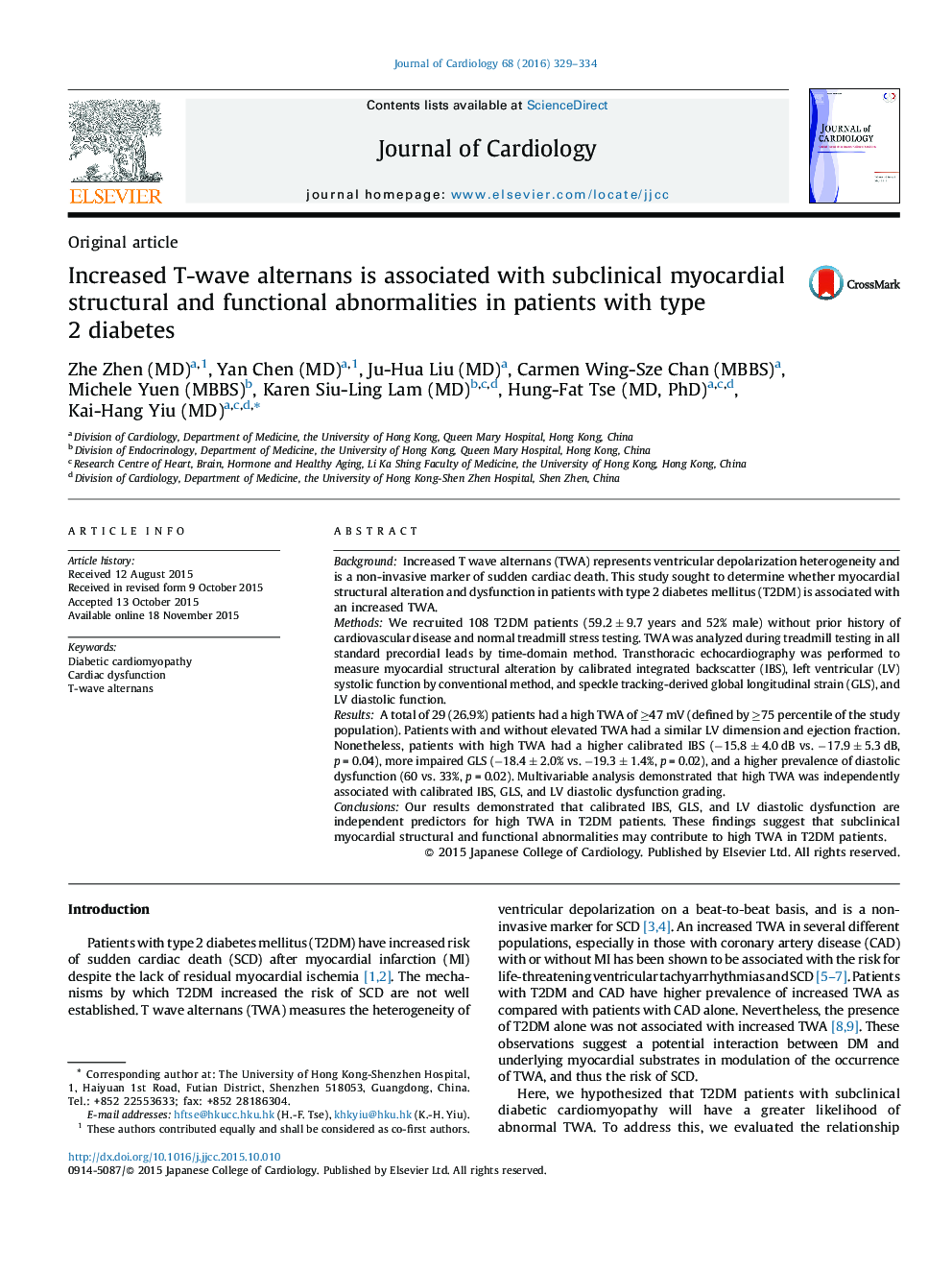 Increased T-wave alternans is associated with subclinical myocardial structural and functional abnormalities in patients with type 2 diabetes