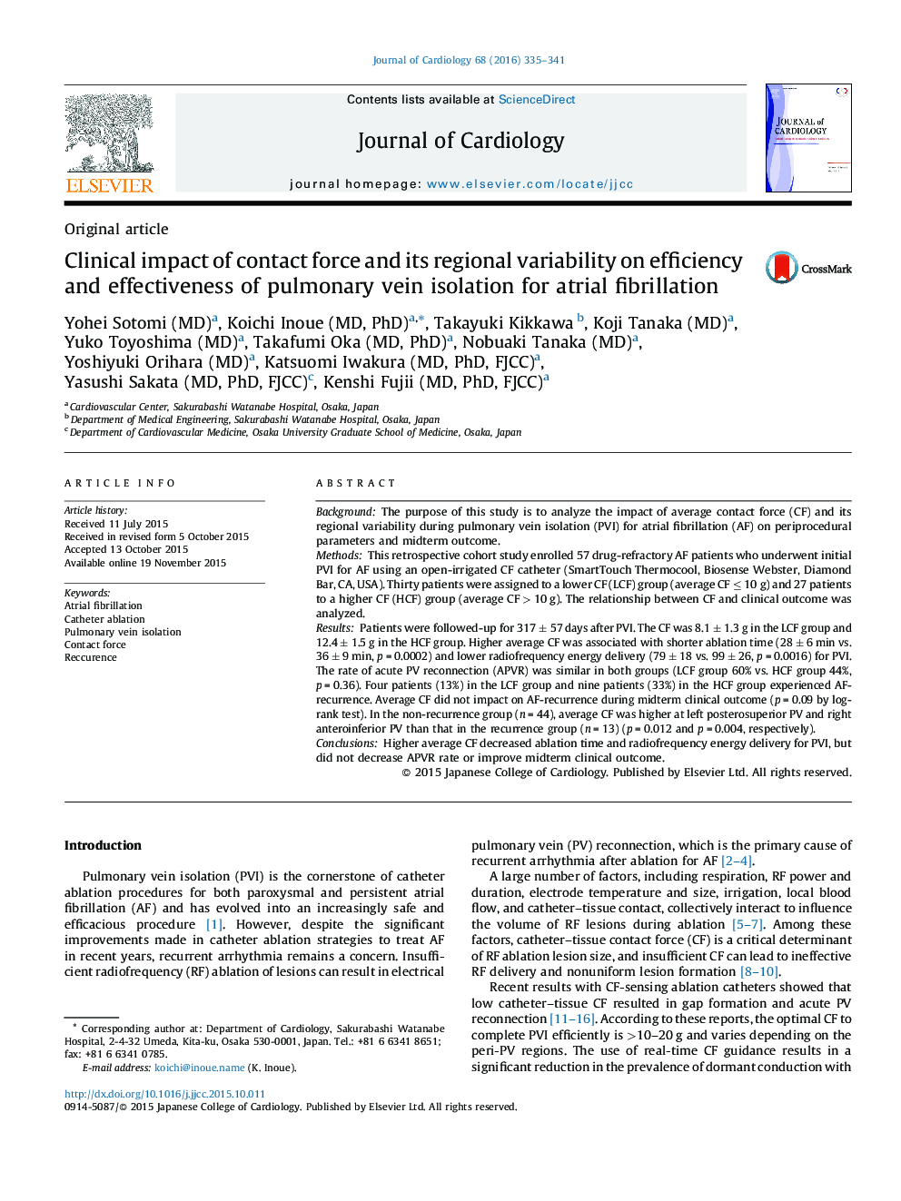 Clinical impact of contact force and its regional variability on efficiency and effectiveness of pulmonary vein isolation for atrial fibrillation