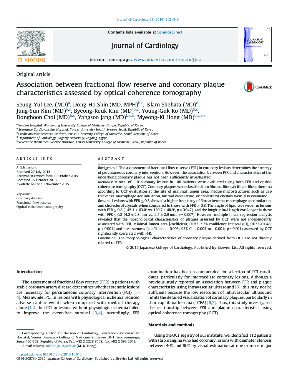 Association between fractional flow reserve and coronary plaque characteristics assessed by optical coherence tomography