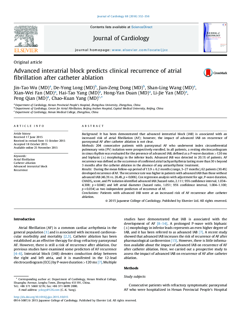 Advanced interatrial block predicts clinical recurrence of atrial fibrillation after catheter ablation