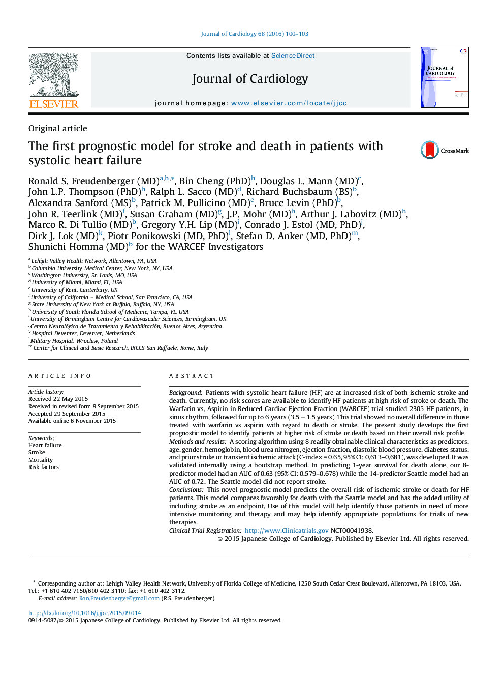 The first prognostic model for stroke and death in patients with systolic heart failure