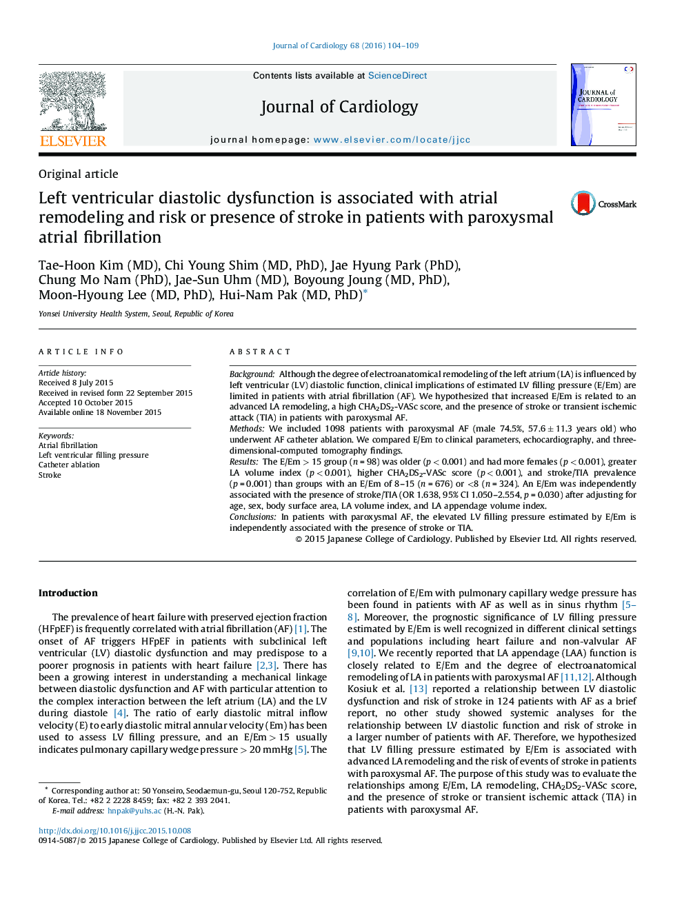 Left ventricular diastolic dysfunction is associated with atrial remodeling and risk or presence of stroke in patients with paroxysmal atrial fibrillation