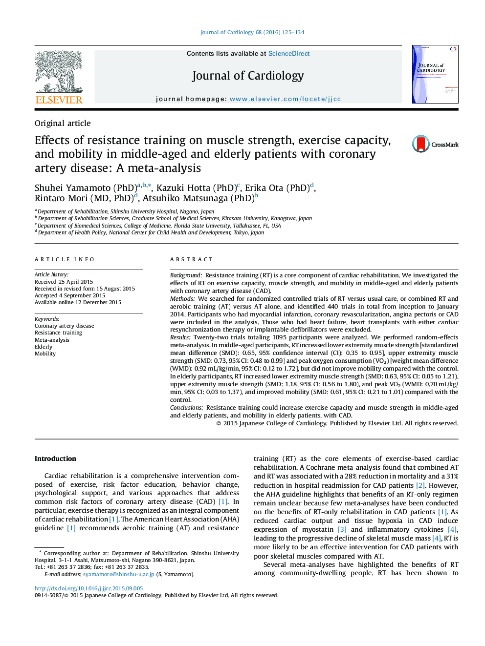 Effects of resistance training on muscle strength, exercise capacity, and mobility in middle-aged and elderly patients with coronary artery disease: A meta-analysis