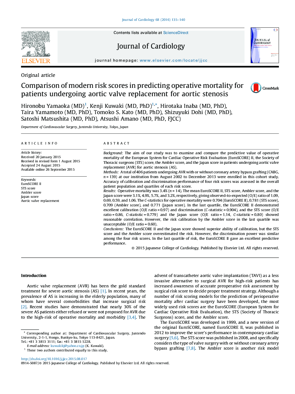 Comparison of modern risk scores in predicting operative mortality for patients undergoing aortic valve replacement for aortic stenosis