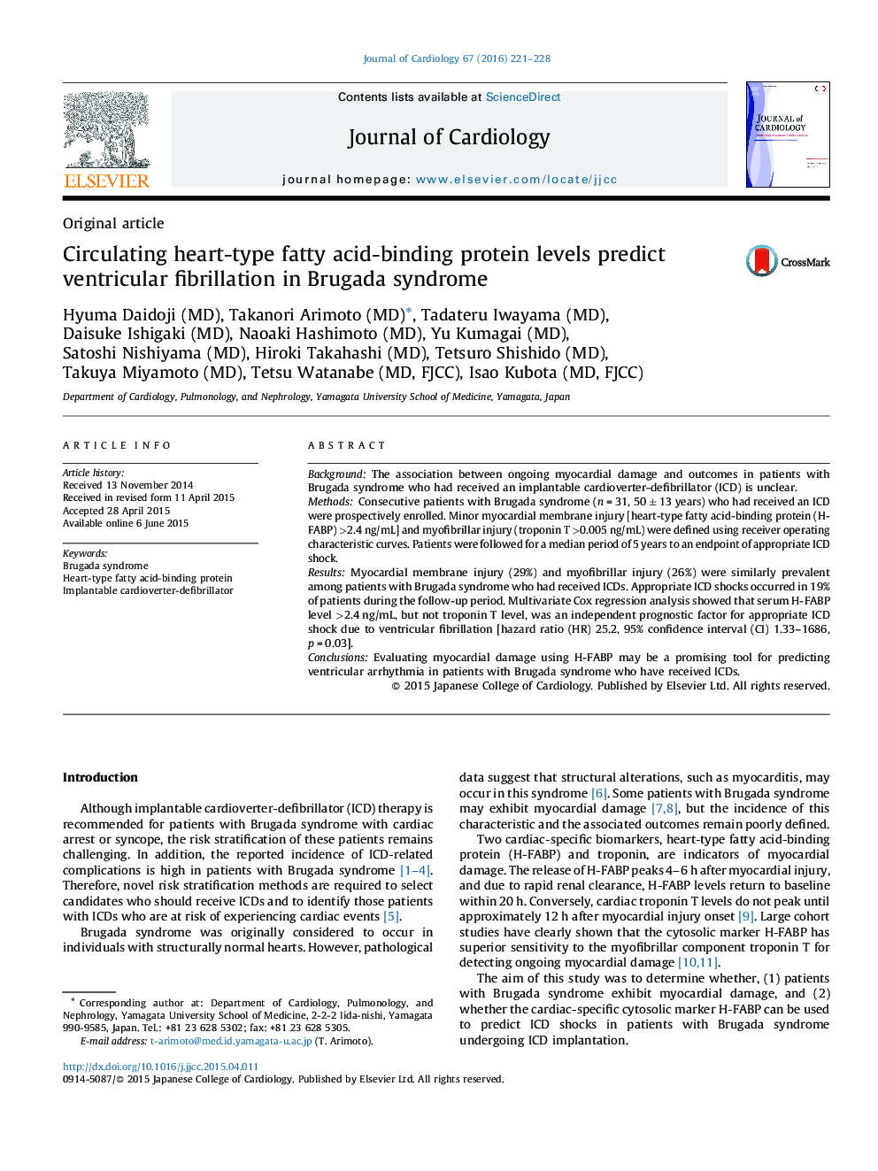 Circulating heart-type fatty acid-binding protein levels predict ventricular fibrillation in Brugada syndrome