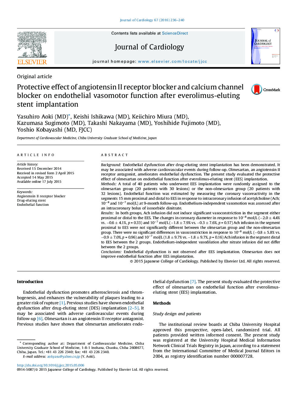 Protective effect of angiotensin II receptor blocker and calcium channel blocker on endothelial vasomotor function after everolimus-eluting stent implantation