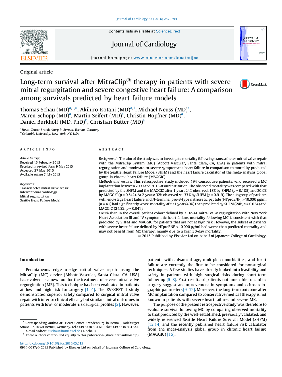 Long-term survival after MitraClip® therapy in patients with severe mitral regurgitation and severe congestive heart failure: A comparison among survivals predicted by heart failure models