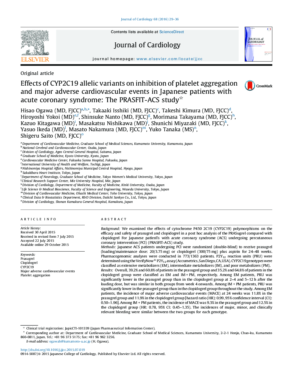 Effects of CYP2C19 allelic variants on inhibition of platelet aggregation and major adverse cardiovascular events in Japanese patients with acute coronary syndrome: The PRASFIT-ACS study 