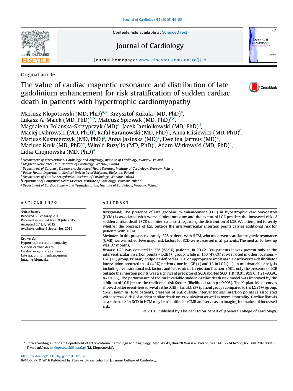 The value of cardiac magnetic resonance and distribution of late gadolinium enhancement for risk stratification of sudden cardiac death in patients with hypertrophic cardiomyopathy