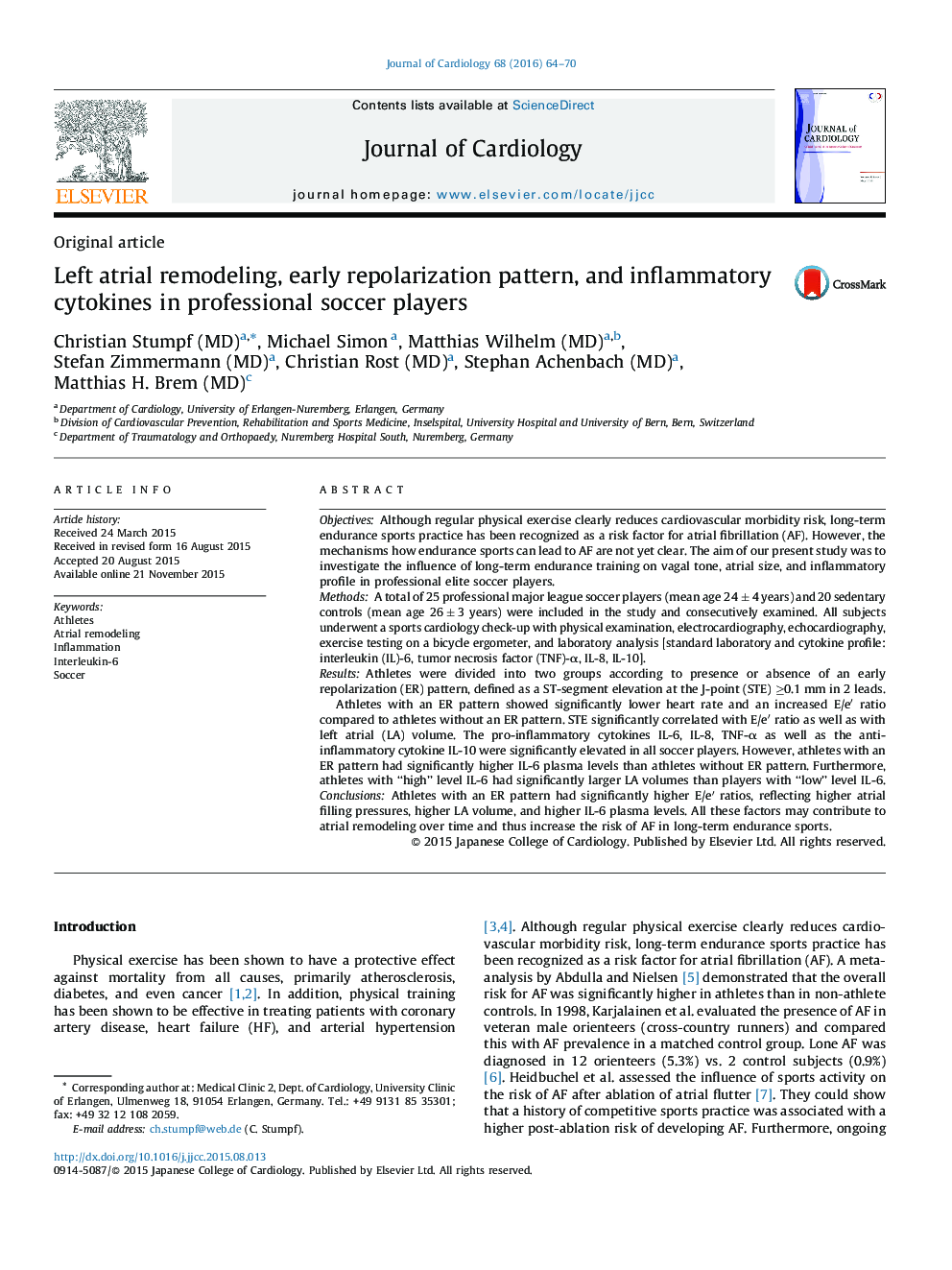 Left atrial remodeling, early repolarization pattern, and inflammatory cytokines in professional soccer players