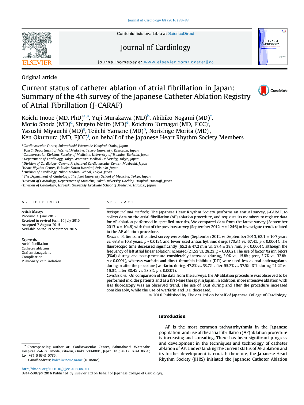Current status of catheter ablation of atrial fibrillation in Japan: Summary of the 4th survey of the Japanese Catheter Ablation Registry of Atrial Fibrillation (J-CARAF)