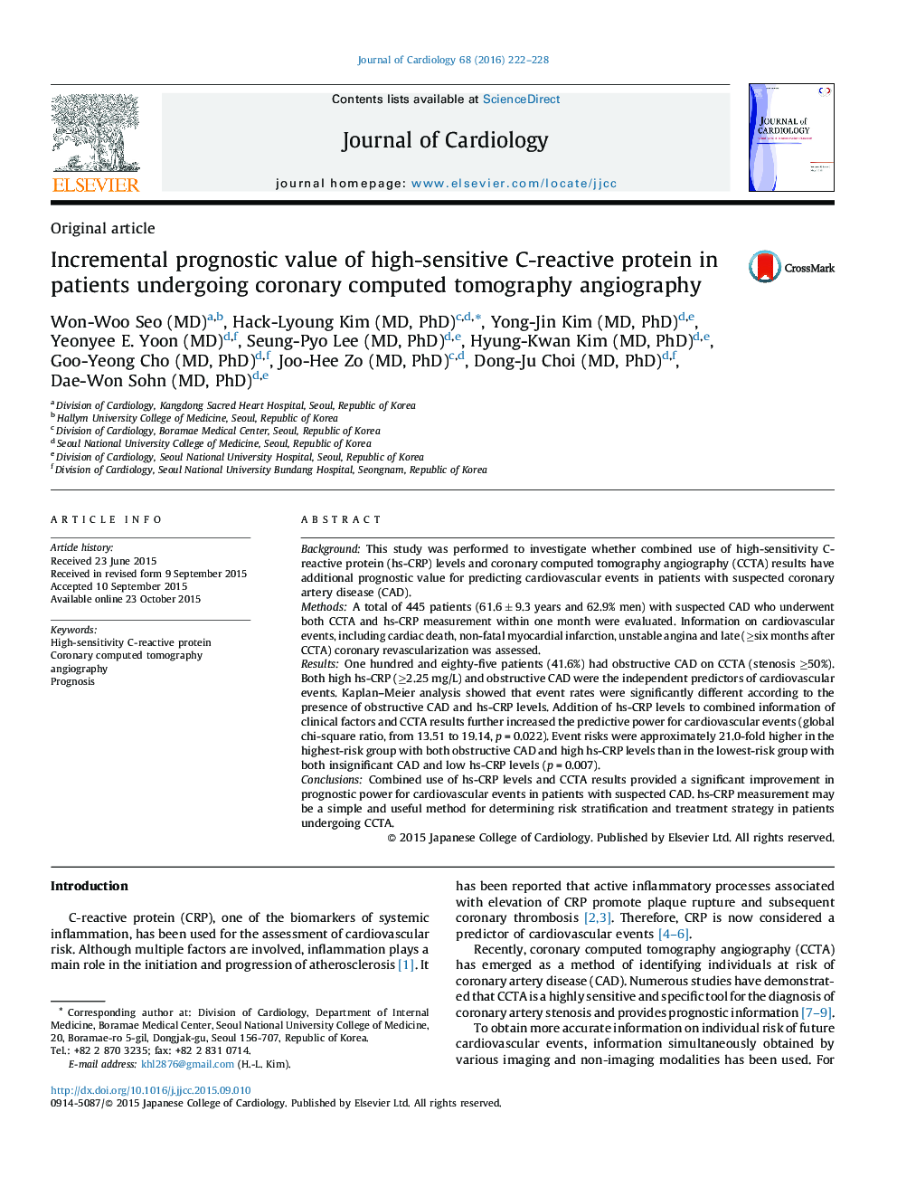 Incremental prognostic value of high-sensitive C-reactive protein in patients undergoing coronary computed tomography angiography