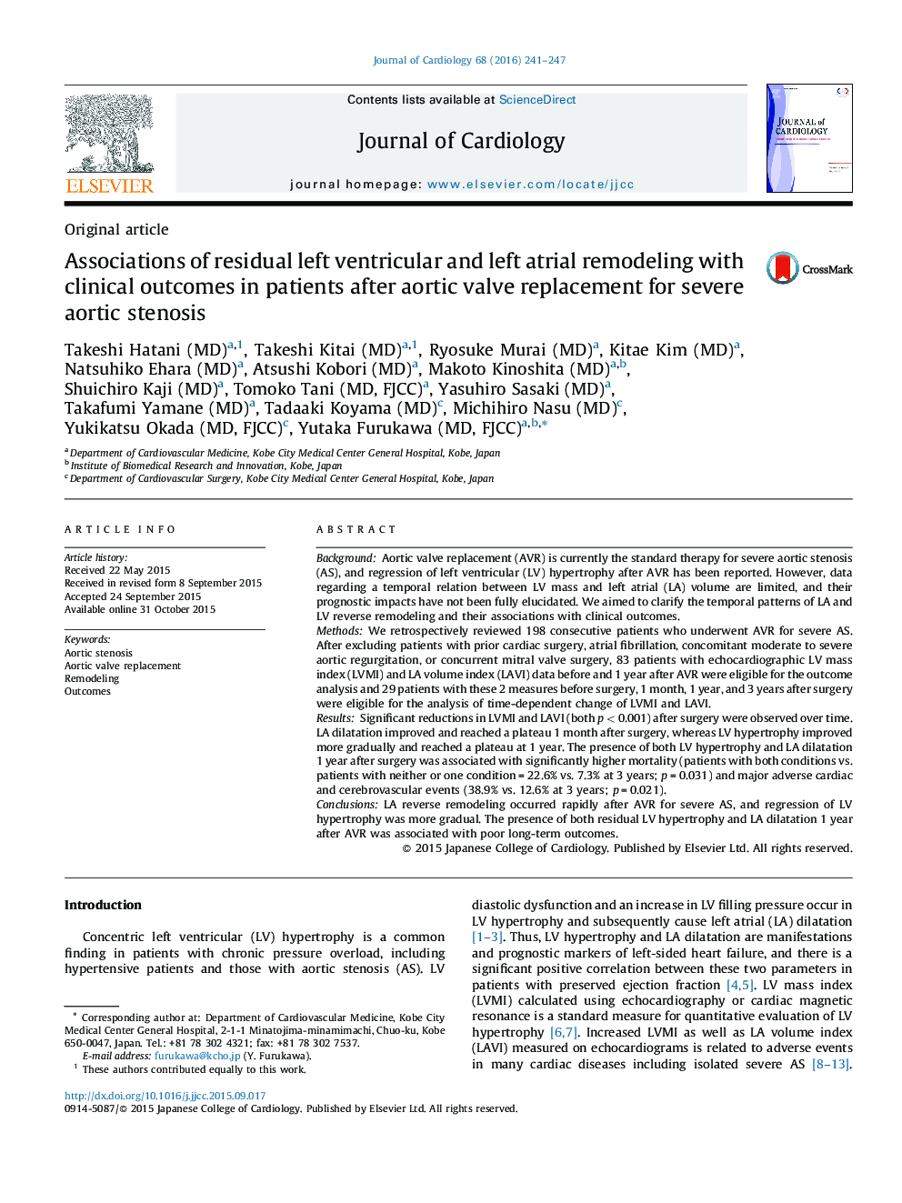 Associations of residual left ventricular and left atrial remodeling with clinical outcomes in patients after aortic valve replacement for severe aortic stenosis