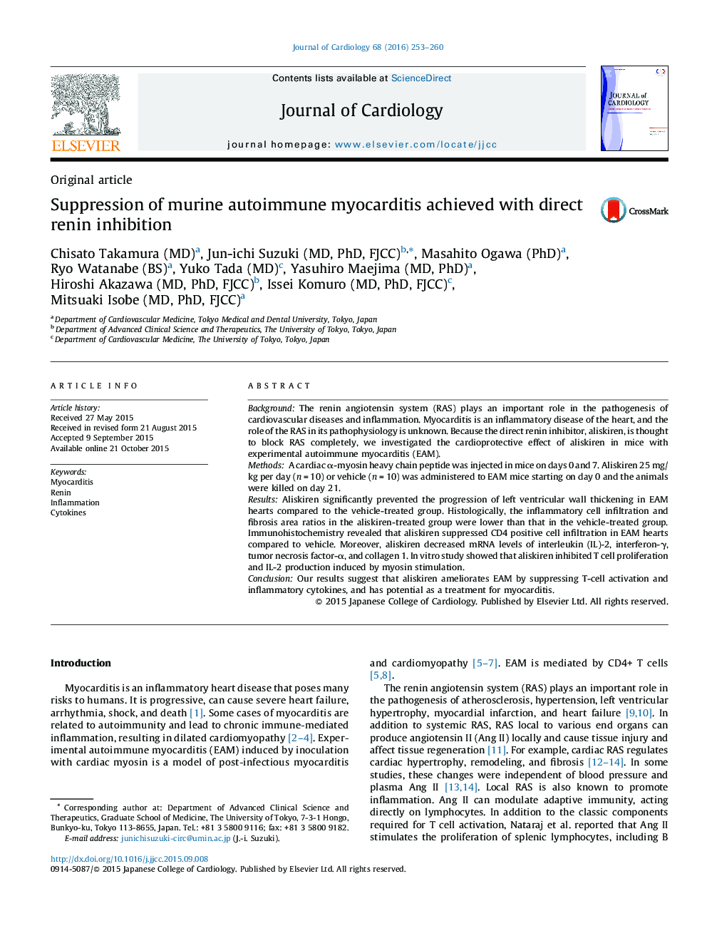 Suppression of murine autoimmune myocarditis achieved with direct renin inhibition