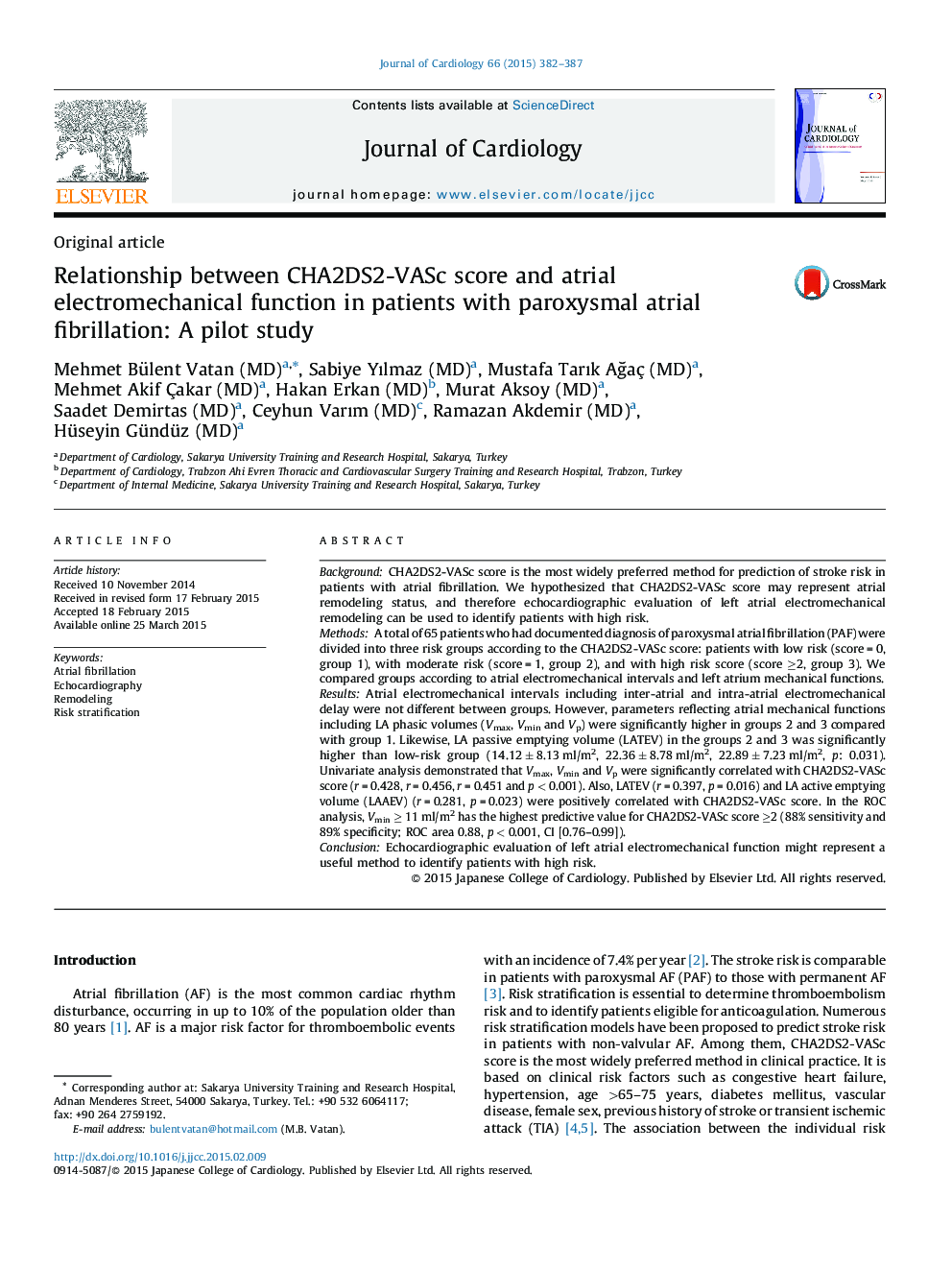 Relationship between CHA2DS2-VASc score and atrial electromechanical function in patients with paroxysmal atrial fibrillation: A pilot study