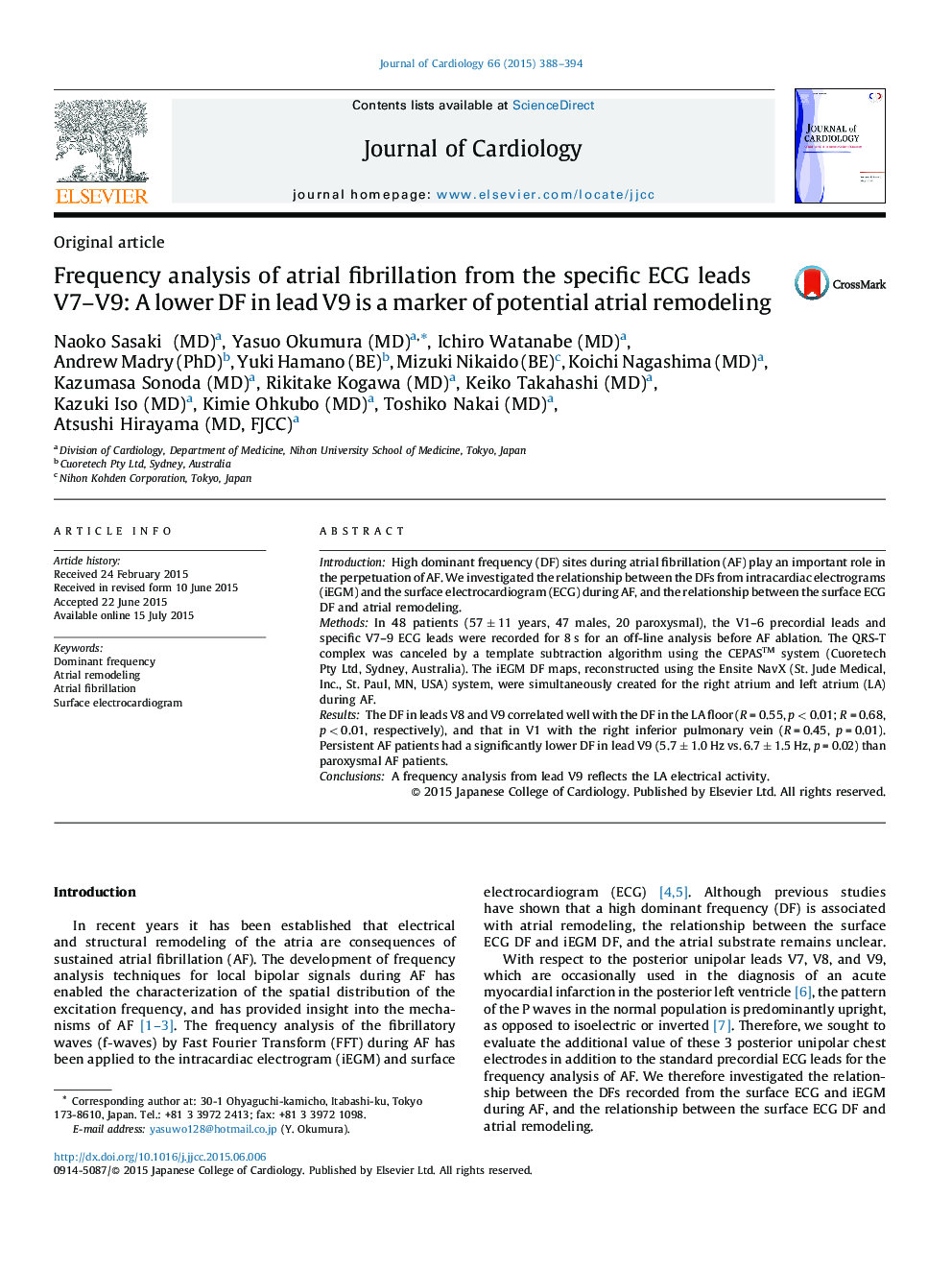 Frequency analysis of atrial fibrillation from the specific ECG leads V7–V9: A lower DF in lead V9 is a marker of potential atrial remodeling