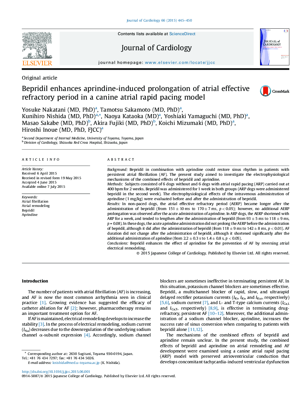 Bepridil enhances aprindine-induced prolongation of atrial effective refractory period in a canine atrial rapid pacing model