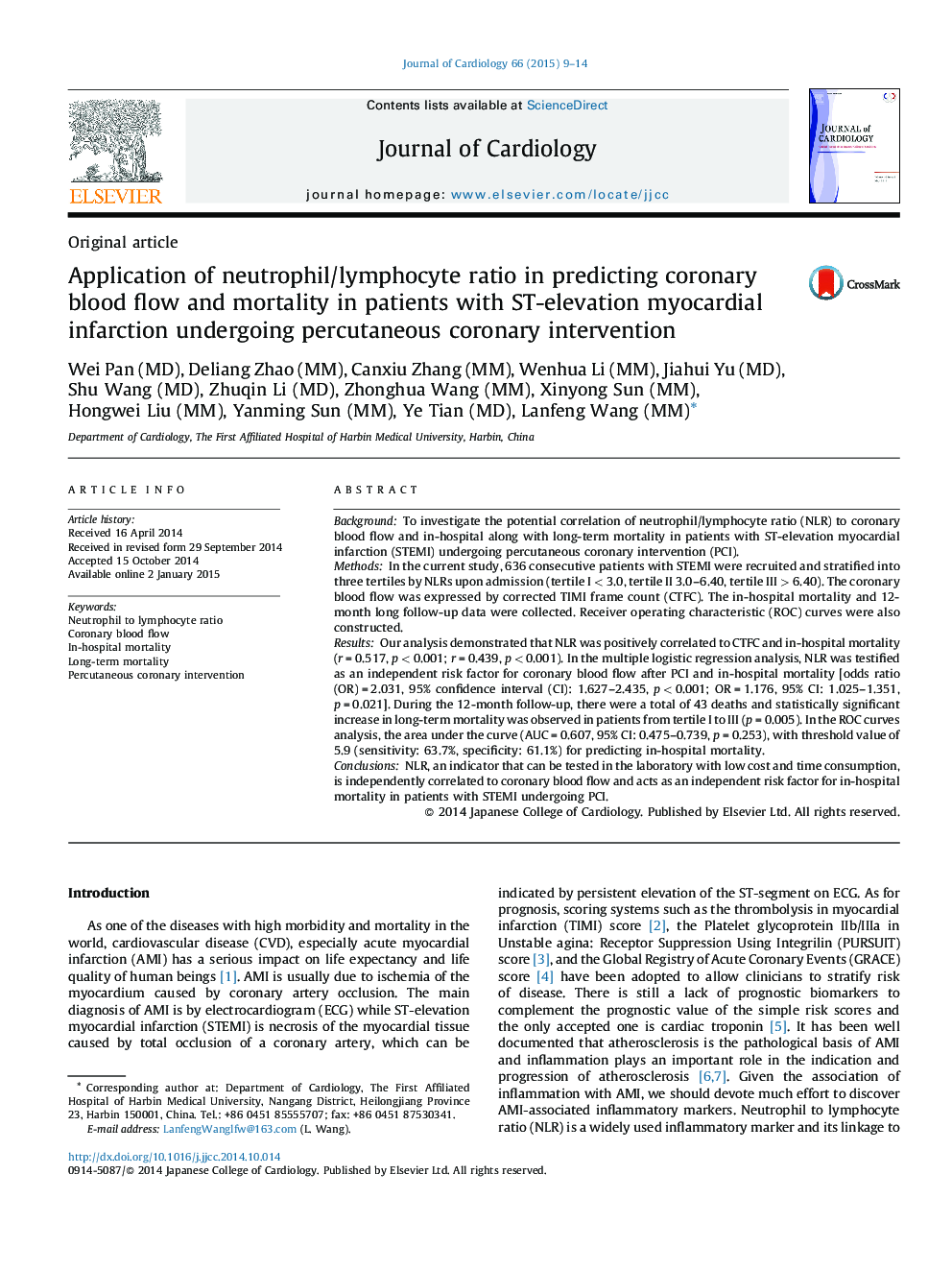 Application of neutrophil/lymphocyte ratio in predicting coronary blood flow and mortality in patients with ST-elevation myocardial infarction undergoing percutaneous coronary intervention