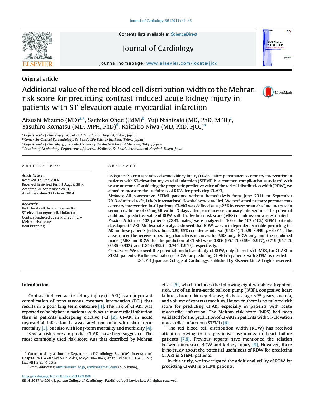 Additional value of the red blood cell distribution width to the Mehran risk score for predicting contrast-induced acute kidney injury in patients with ST-elevation acute myocardial infarction