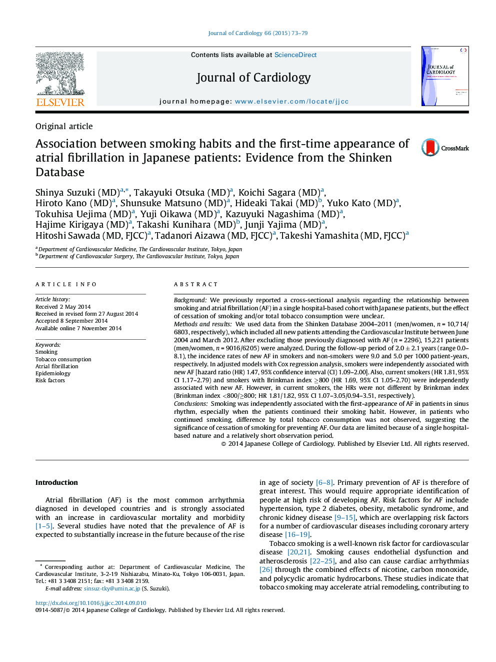 Association between smoking habits and the first-time appearance of atrial fibrillation in Japanese patients: Evidence from the Shinken Database