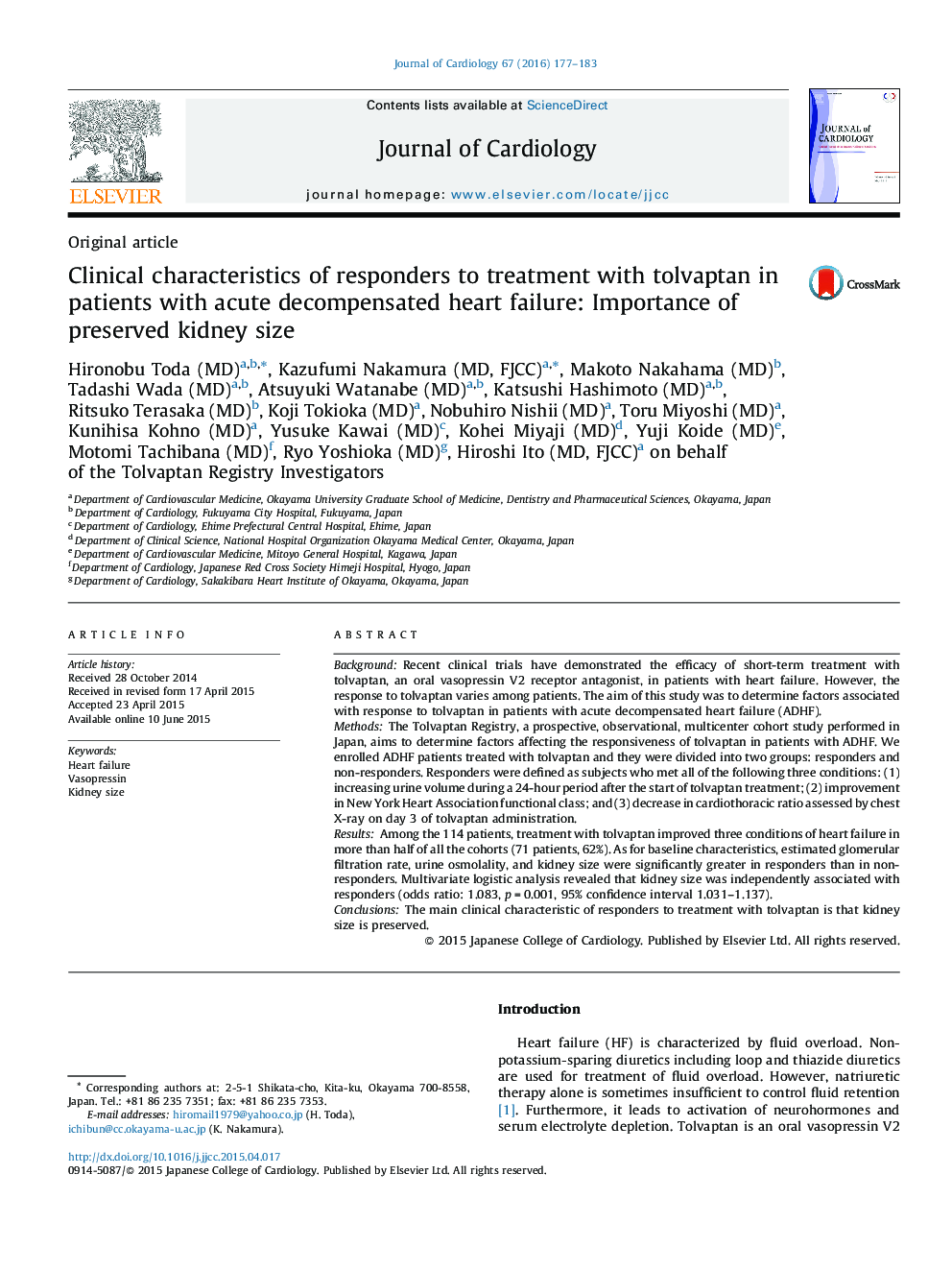 Clinical characteristics of responders to treatment with tolvaptan in patients with acute decompensated heart failure: Importance of preserved kidney size