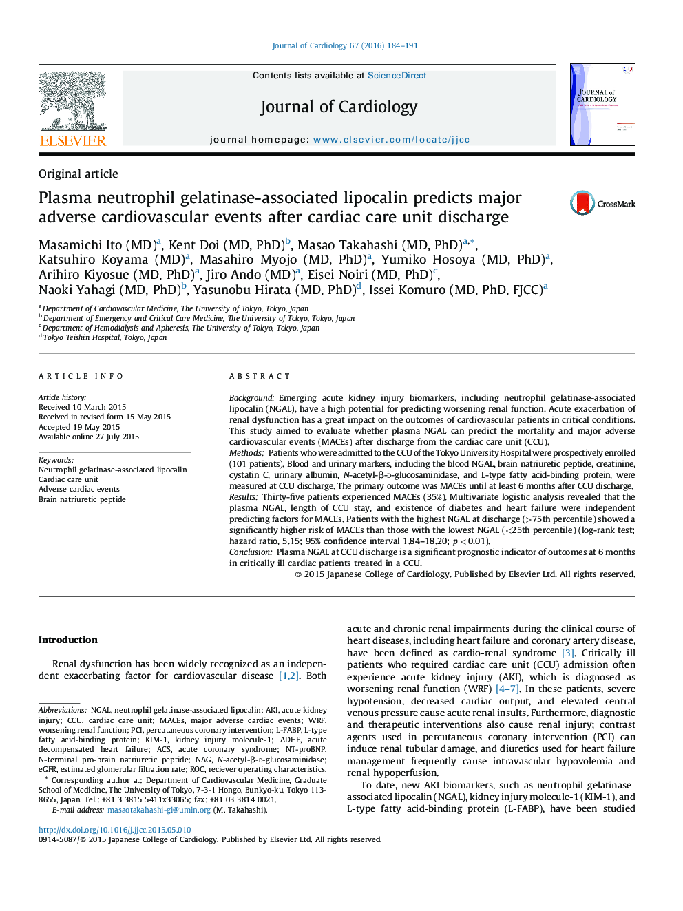 Plasma neutrophil gelatinase-associated lipocalin predicts major adverse cardiovascular events after cardiac care unit discharge